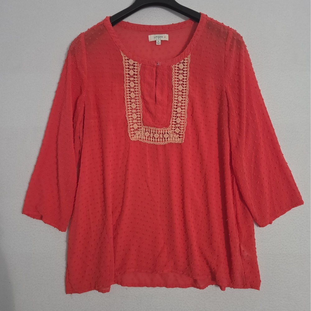 Umgee Peach Tunic Top Size XL Embroidered 3/4 Sleeve Boho Lightweight